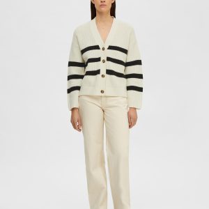 SELECTED femme ls knit v-neck cardigan snow white w.black stripes
