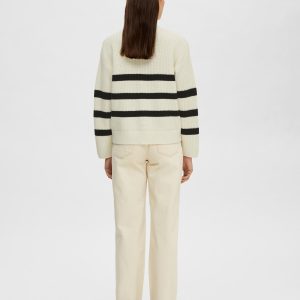 SELECTED femme ls knit v-neck cardigan snow white w.black stripes